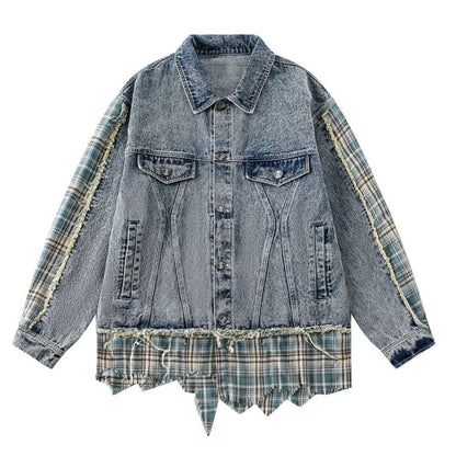 Denim Plaid Patchwork Fringed Jacket - Thrashink