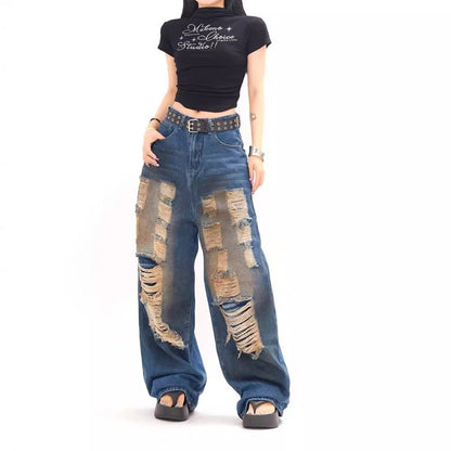 Destroyed Distressed Baggy Wide - Leg Jeans - Thrashink