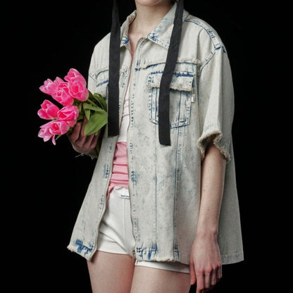 Destroyed Washed Denim Shirt - Thrashink