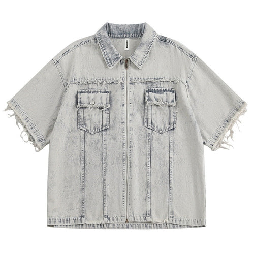 Destroyed Washed Denim Shirt - Thrashink