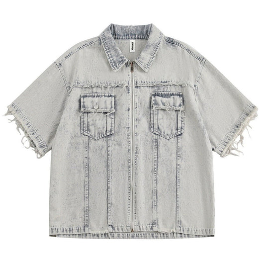 Destroyed Washed Denim Shirt - Thrashink