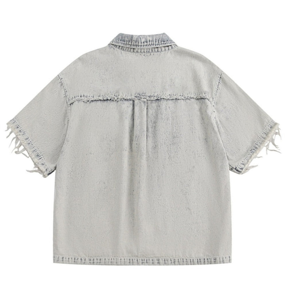 Destroyed Washed Denim Shirt - Thrashink