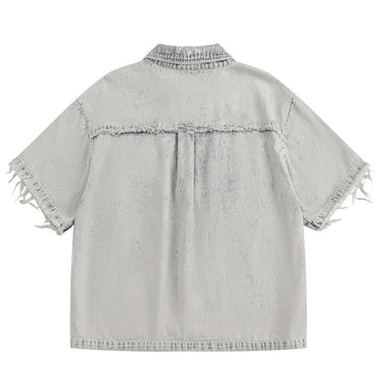 Destroyed Washed Denim Shirt - Thrashink