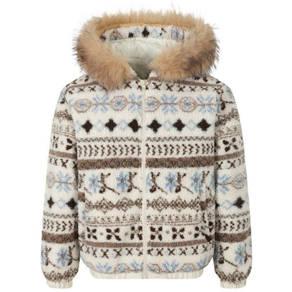 Detachable Fur Collar Fair Isle Padded Jacket - Thrashink