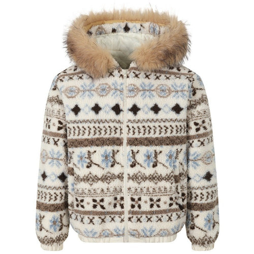 Detachable Fur Collar Fair Isle Padded Jacket - Thrashink