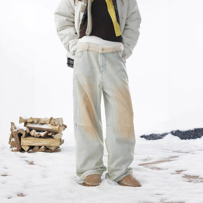 Distressed Faded Plush Waistband Patchwork Jeans - Thrashink