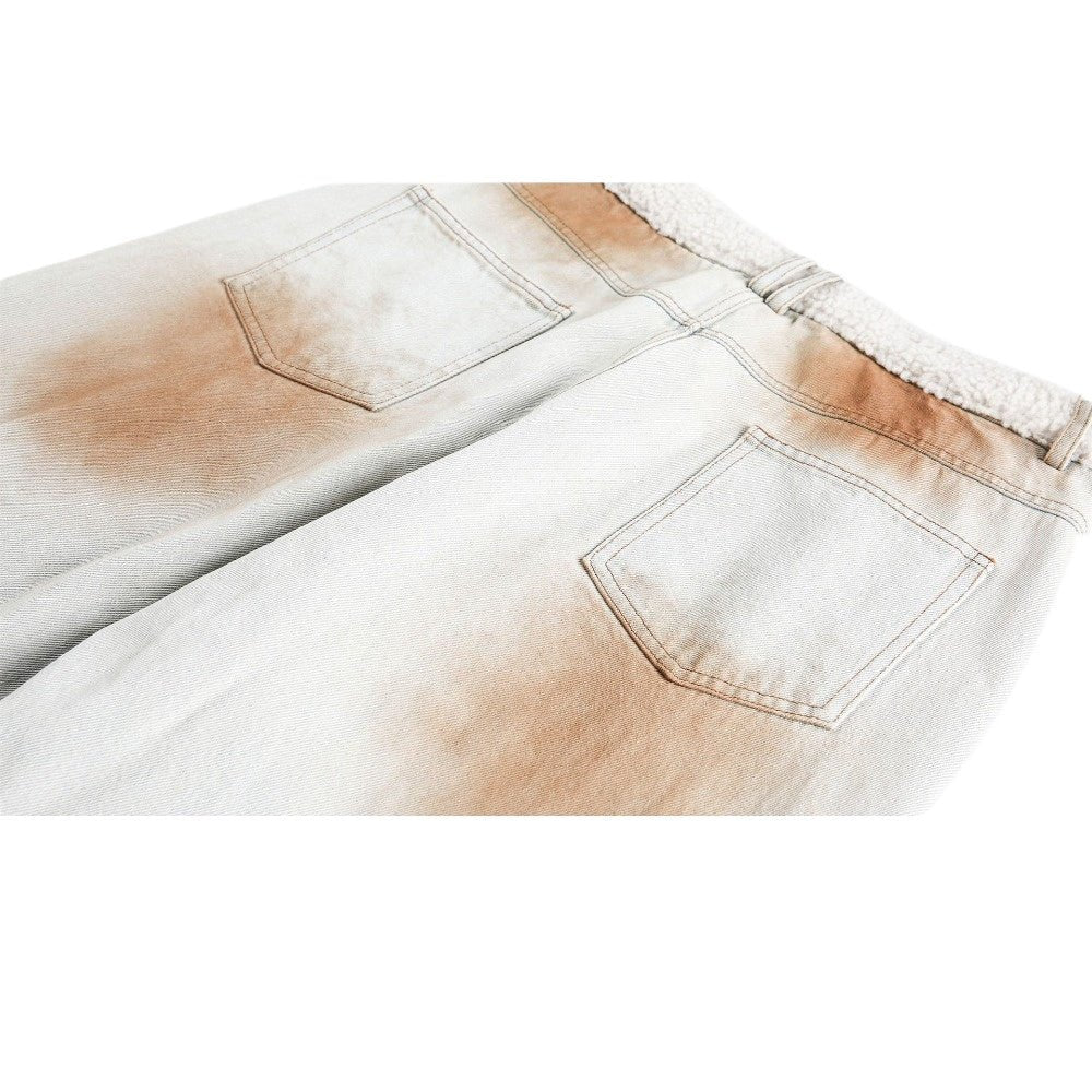 Distressed Faded Plush Waistband Patchwork Jeans - Thrashink