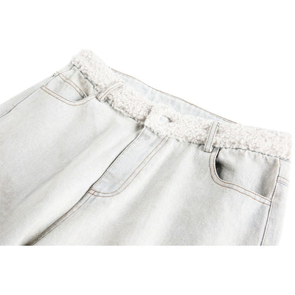 Distressed Faded Plush Waistband Patchwork Jeans - Thrashink
