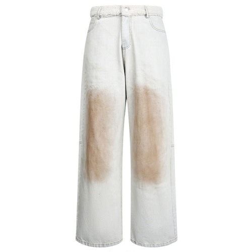 Distressed Faded Plush Waistband Patchwork Jeans - Thrashink