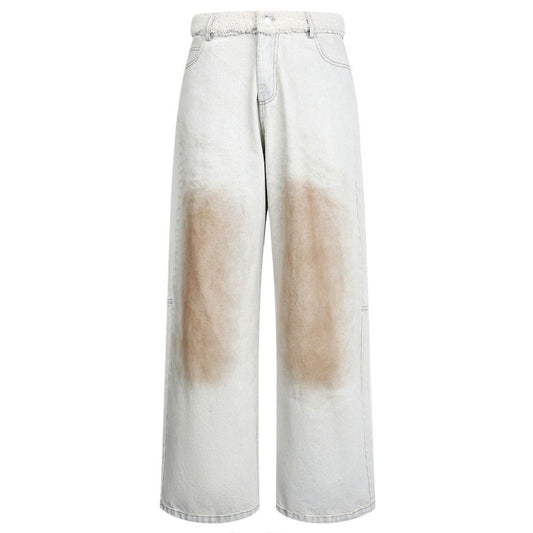 Distressed Faded Plush Waistband Patchwork Jeans - Thrashink