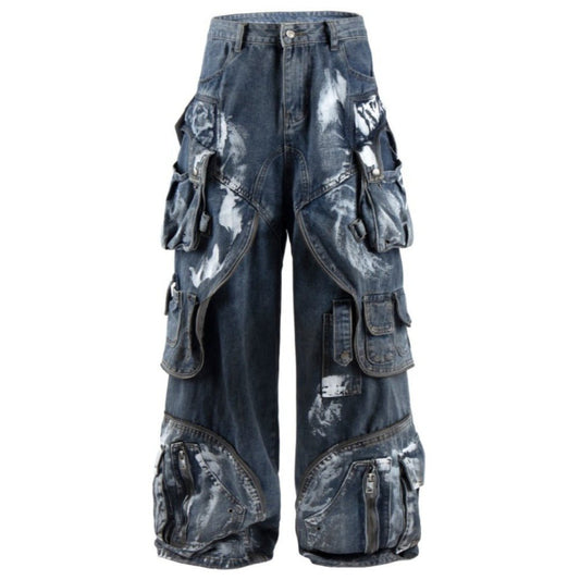 Distressed Multi - Pocket Cargo Wide Legs Jeans - Thrashink