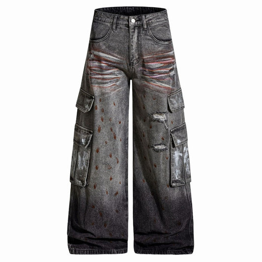 Distressed Multi - Pocket Ink Print Jeans - Thrashink