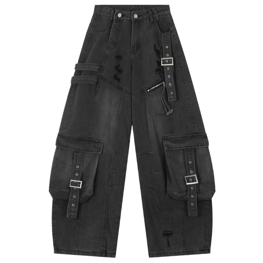 Distressed Multi - Pocket Utility Cargo Pants - Thrashink