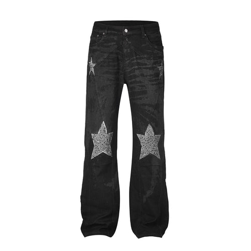 Distressed Patchwork Rhinestone Star Jeans - Thrashink