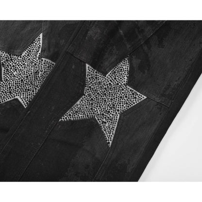 Distressed Patchwork Rhinestone Star Jeans - Thrashink