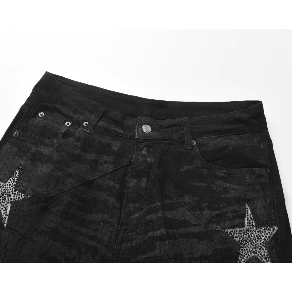 Distressed Patchwork Rhinestone Star Jeans - Thrashink