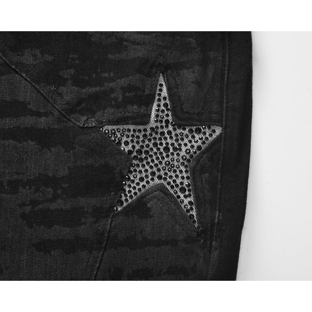 Distressed Patchwork Rhinestone Star Jeans - Thrashink