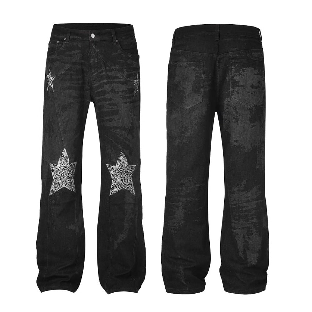 Distressed Patchwork Rhinestone Star Jeans - Thrashink