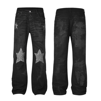 Distressed Patchwork Rhinestone Star Jeans - Thrashink