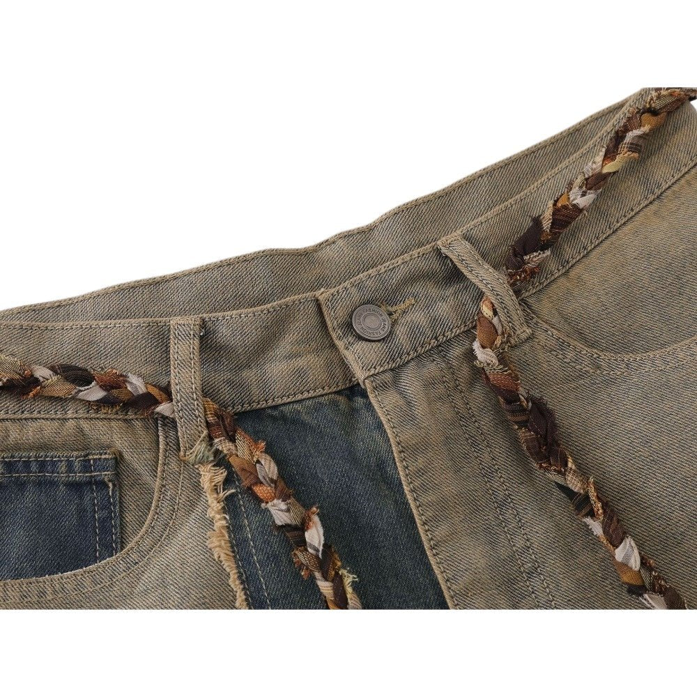 Distressed Patchwork Wide - leg Jeans - Thrashink