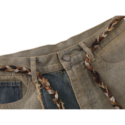 Distressed Patchwork Wide - leg Jeans - Thrashink