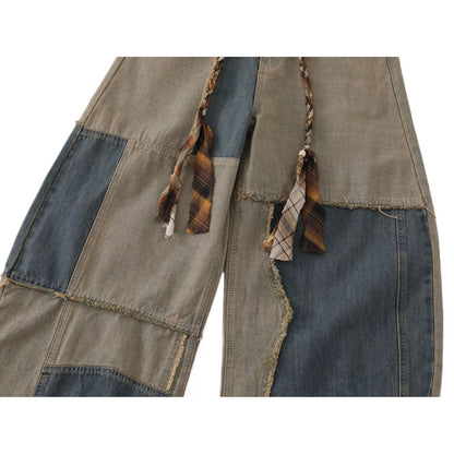 Distressed Patchwork Wide - leg Jeans - Thrashink