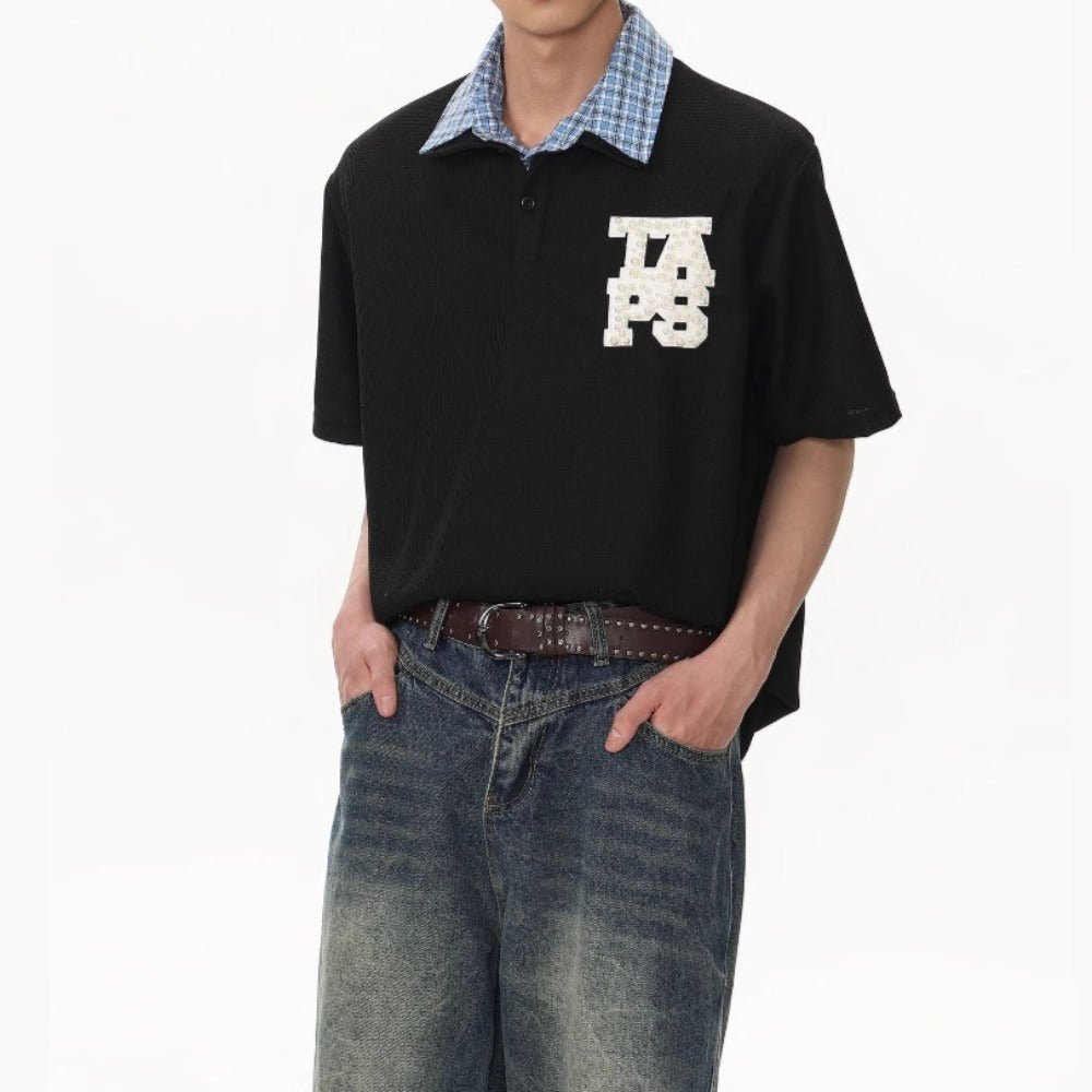 Double Collar Plaid Rhinestone Polo Shirt - Thrashink