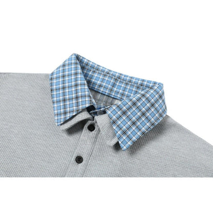 Double Collar Plaid Rhinestone Polo Shirt - Thrashink