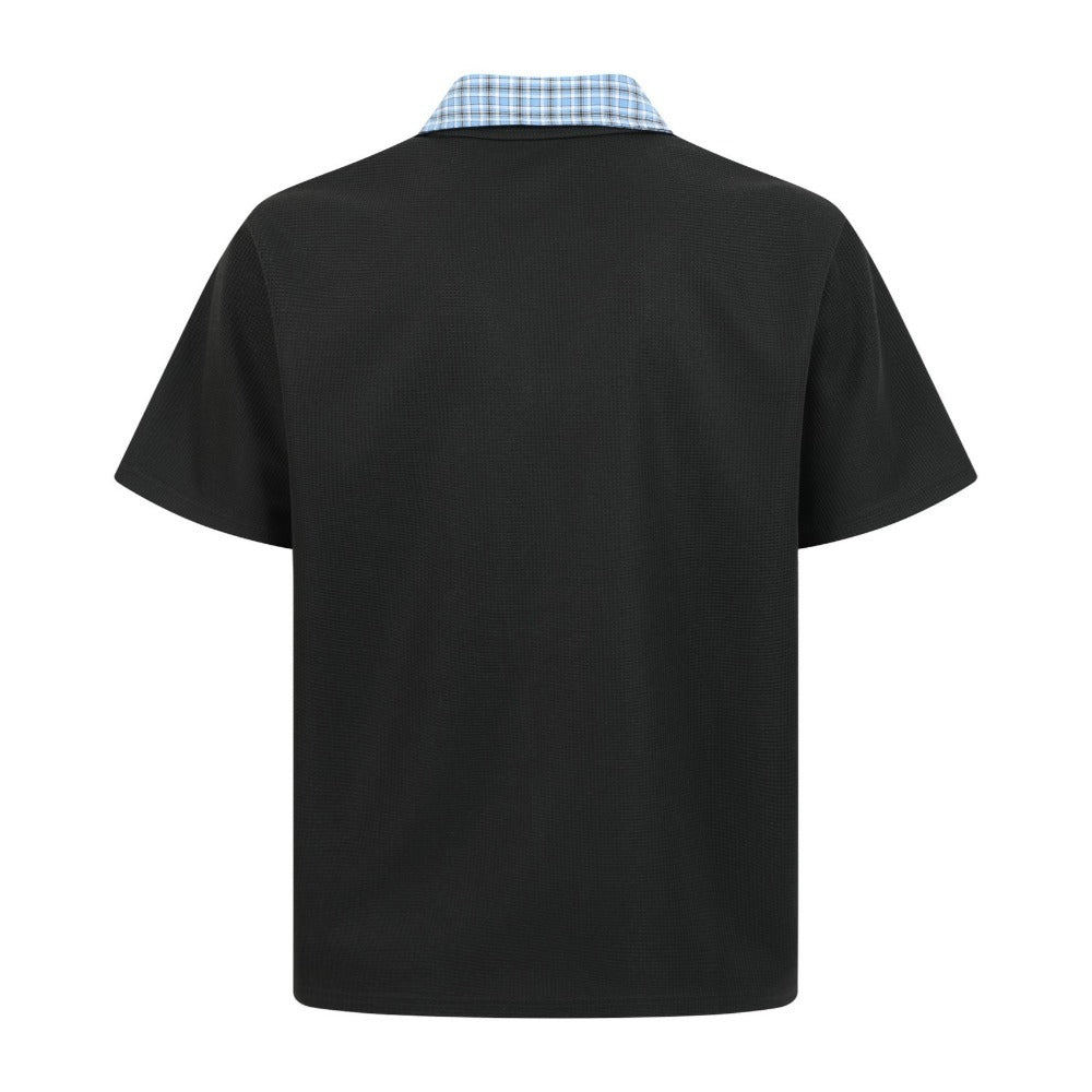 Double Collar Plaid Rhinestone Polo Shirt - Thrashink