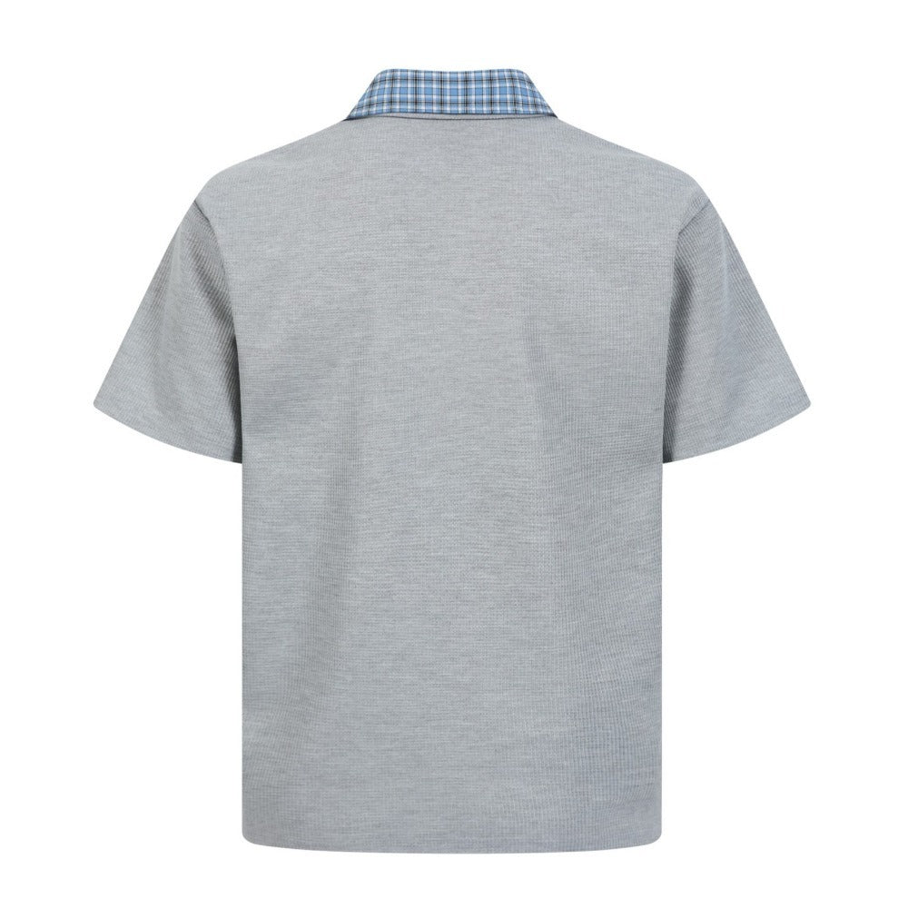 Double Collar Plaid Rhinestone Polo Shirt - Thrashink