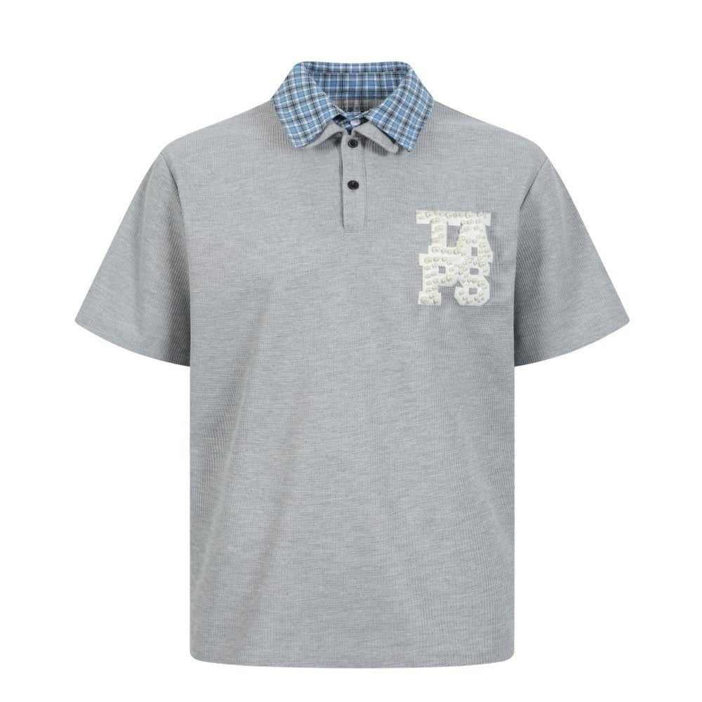 Double Collar Plaid Rhinestone Polo Shirt - Thrashink