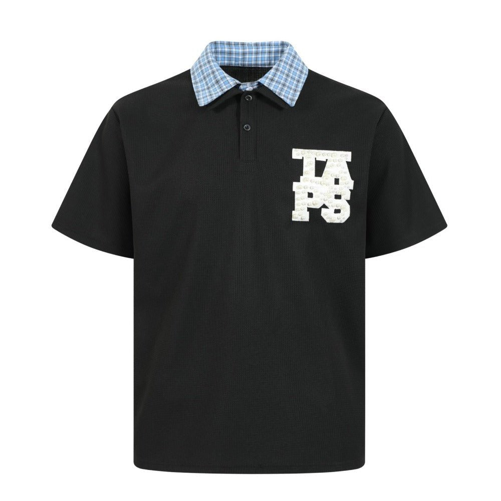 Double Collar Plaid Rhinestone Polo Shirt - Thrashink