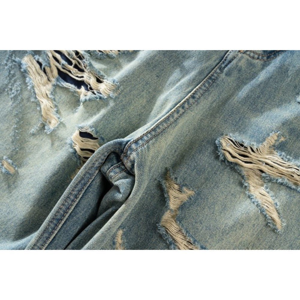 Double - layered Fringed Distressed Jeans - Thrashink