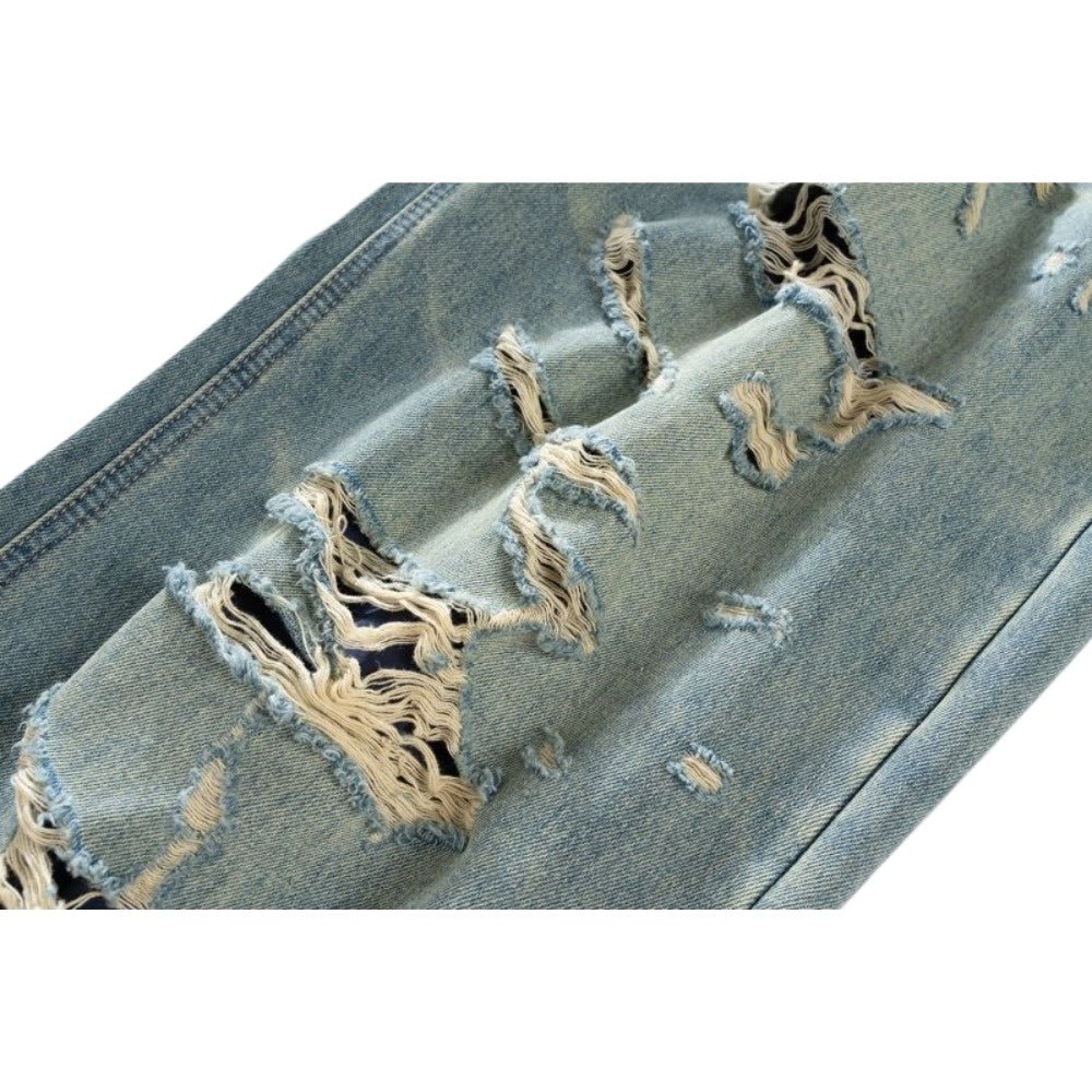 Double - layered Fringed Distressed Jeans - Thrashink