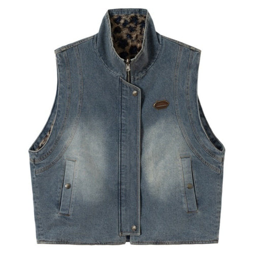 Double - sided Washed Denim Leopard Plush Vest - Thrashink