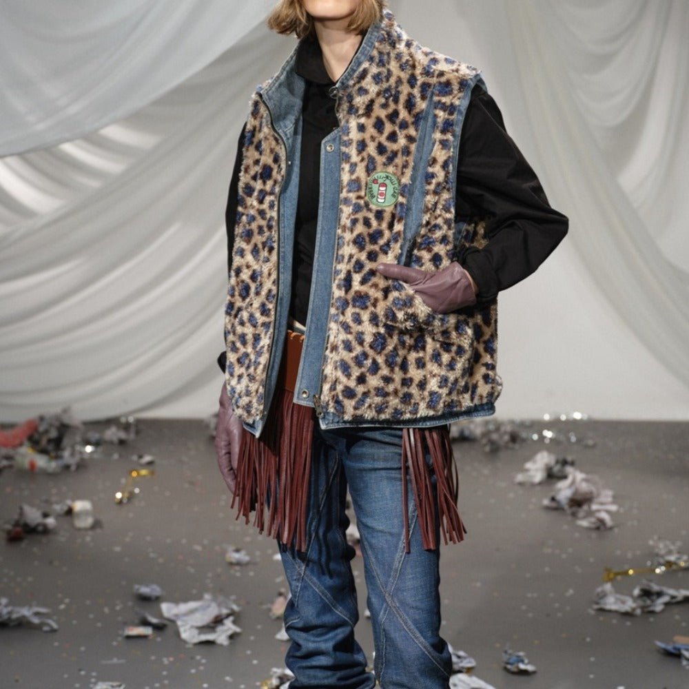 Double - sided Washed Denim Leopard Plush Vest - Thrashink