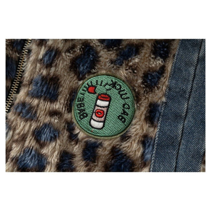 Double - sided Washed Denim Leopard Plush Vest - Thrashink