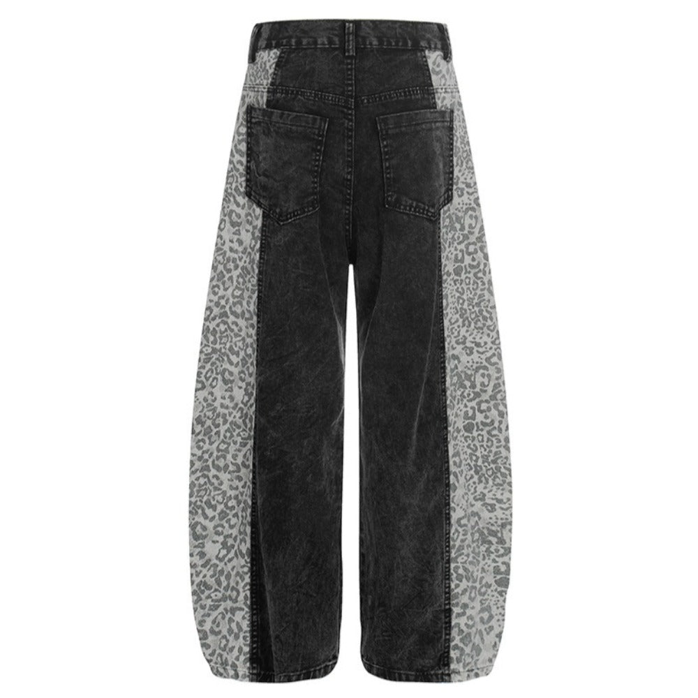 Washed Leopard Print Contrast Panel Jeans
