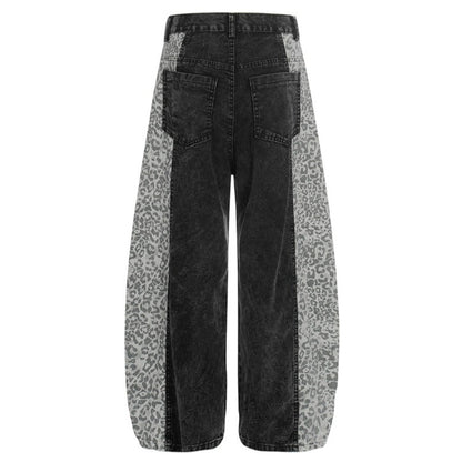 Washed Leopard Print Contrast Panel Jeans