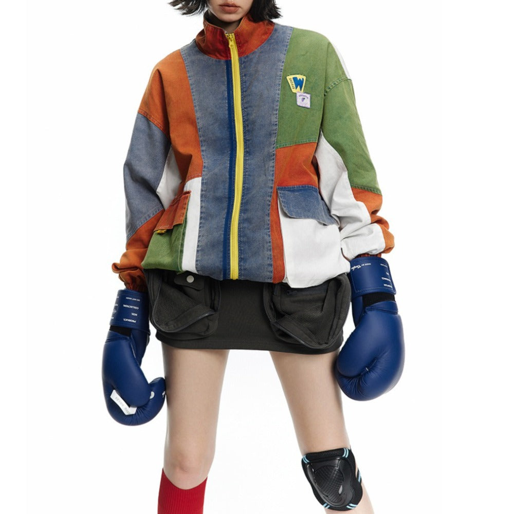 90s Retro Colorblock Patchwork Track Jacket