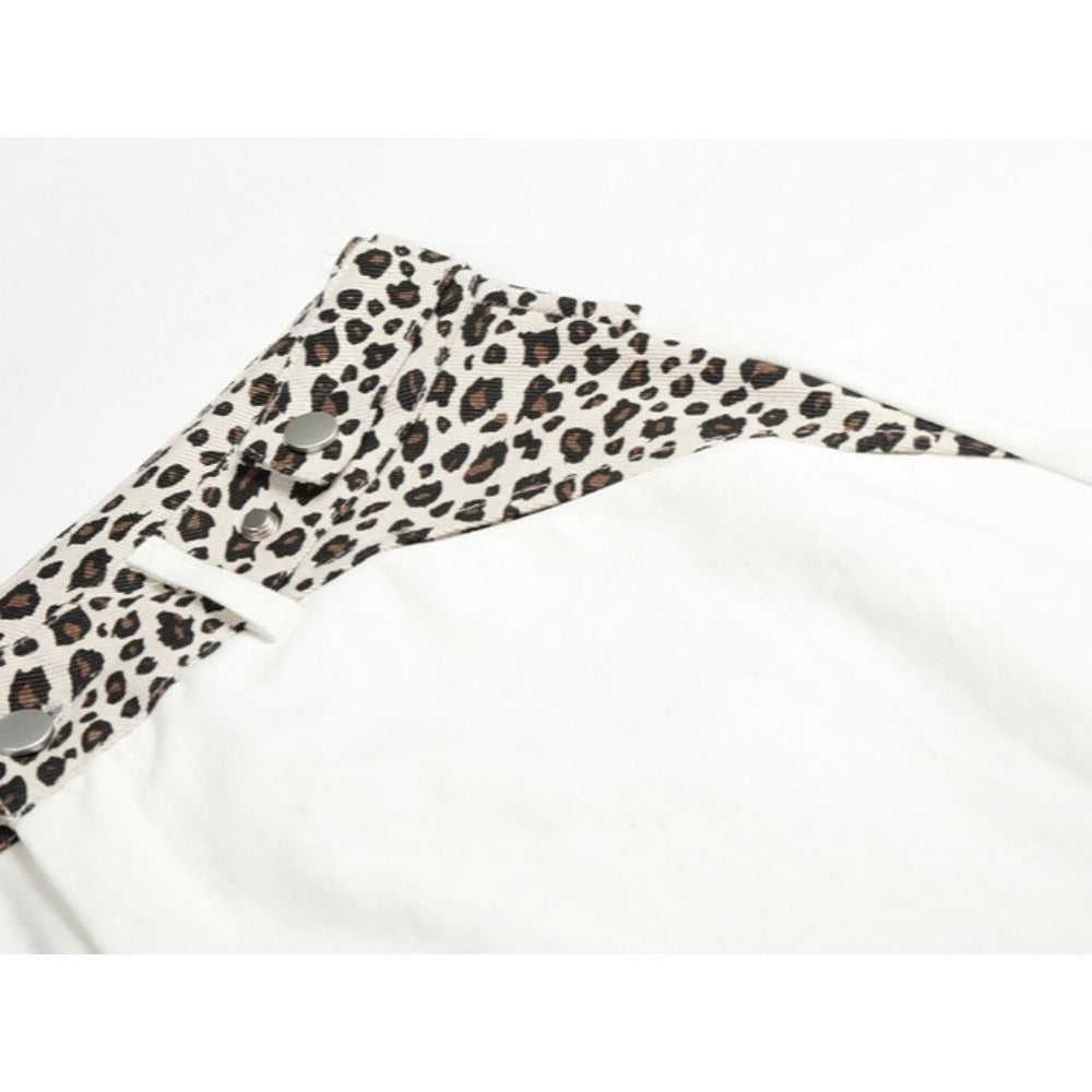 High-Waisted White Leopard Patch Wide-Leg Pants
