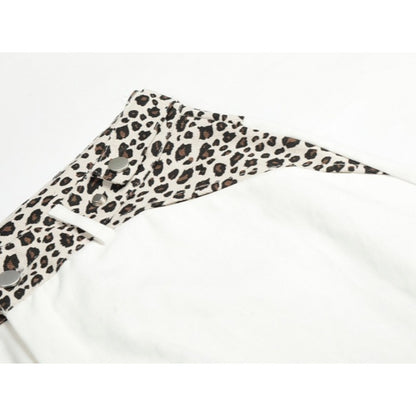 High-Waisted White Leopard Patch Wide-Leg Pants