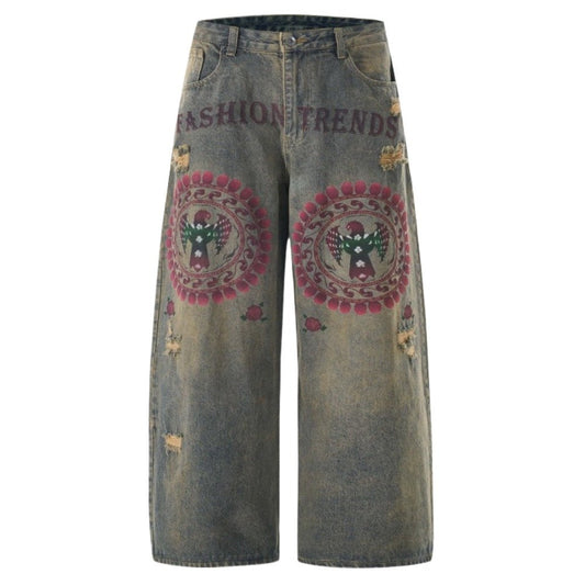 Eagle Print Distressed Wide - Leg Denim Jeans - Thrashink