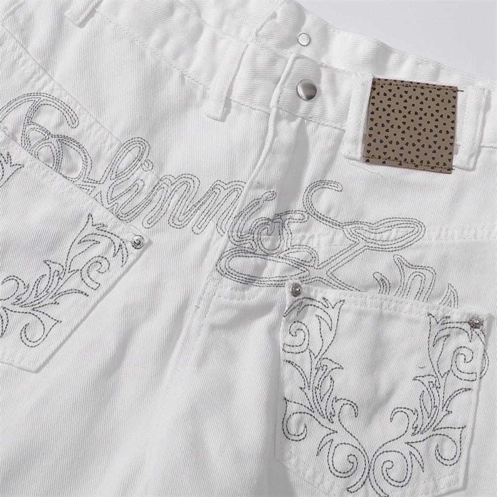 Embroidered White Wide - Leg Jeans - Thrashink