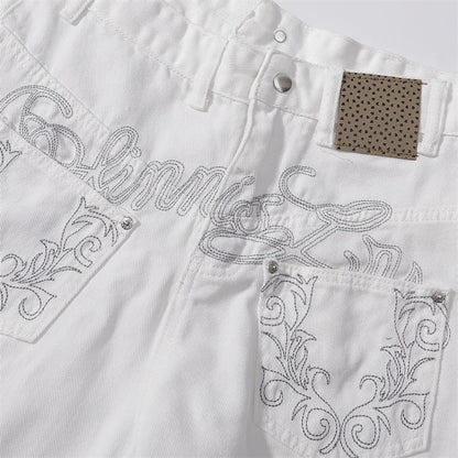 Embroidered White Wide - Leg Jeans - Thrashink