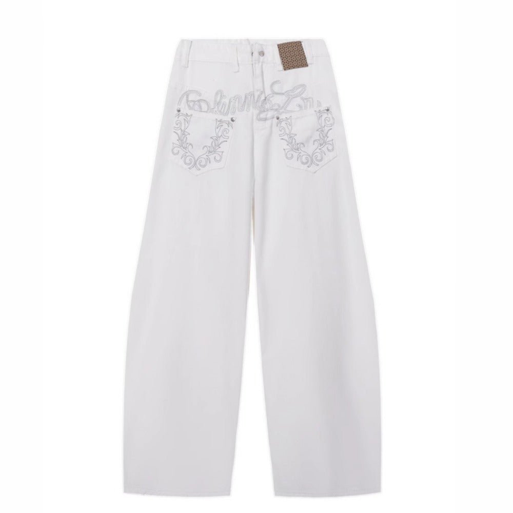 Embroidered White Wide - Leg Jeans - Thrashink