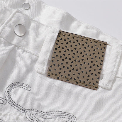 Embroidered White Wide - Leg Jeans - Thrashink