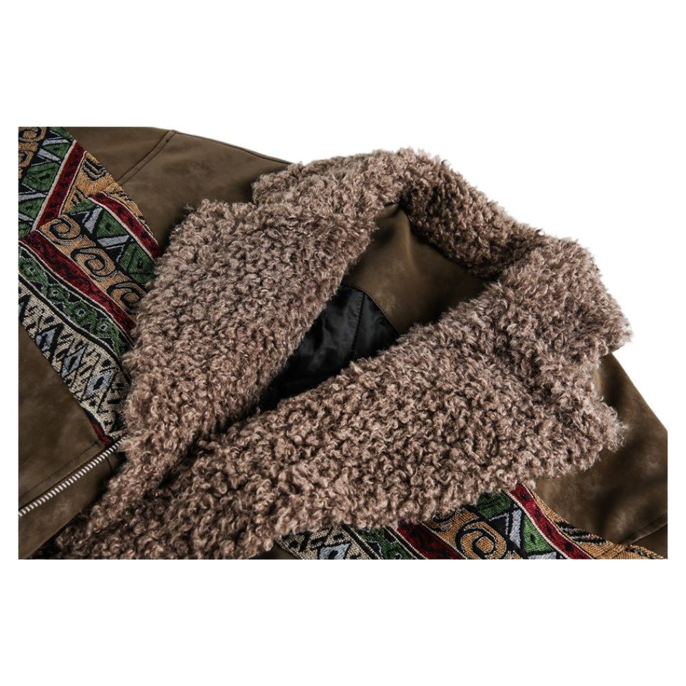 Ethnic Tribal Print Sherpa Collar Suede Jacket - Thrashink