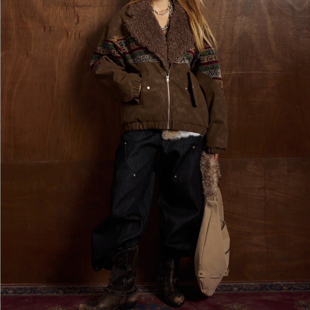 Ethnic Tribal Print Sherpa Collar Suede Jacket - Thrashink