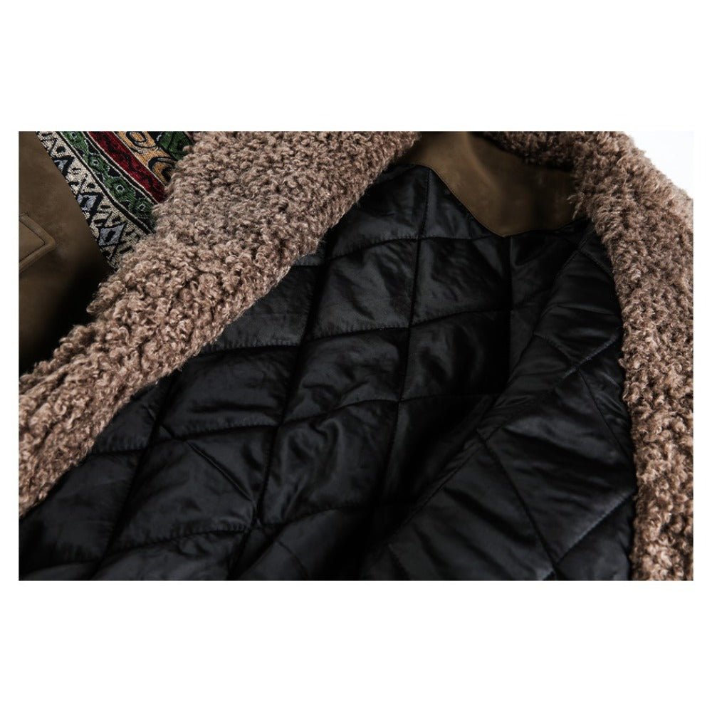 Ethnic Tribal Print Sherpa Collar Suede Jacket - Thrashink